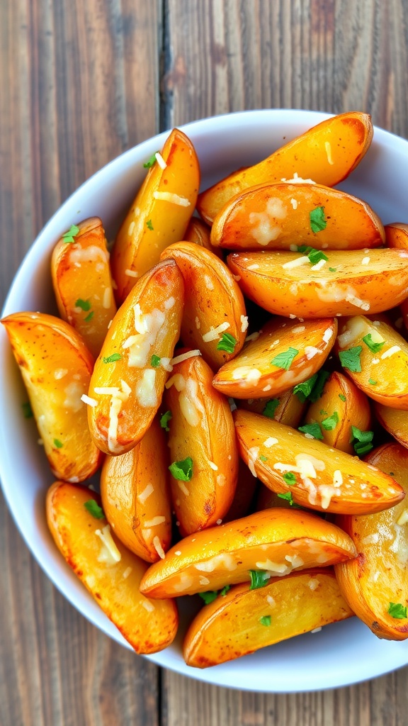 Crispy potato wedges garnished with herbs and cheese on a rustic wooden table.